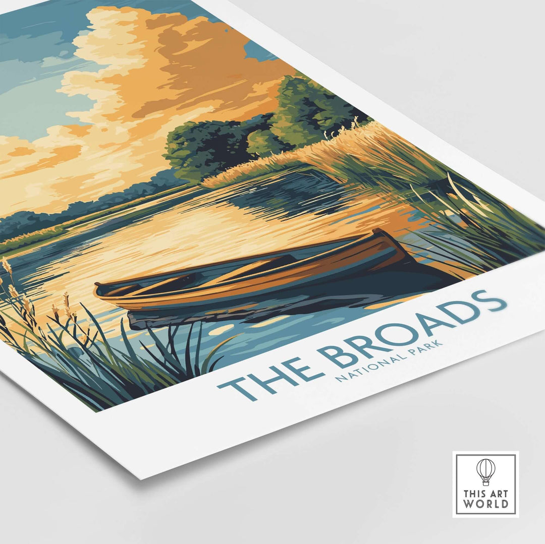 The Broads National Park art print featuring a serene river scene with a boat and vibrant sunset colors.