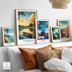 The Broads National Park Art Print displayed among framed travel art prints.