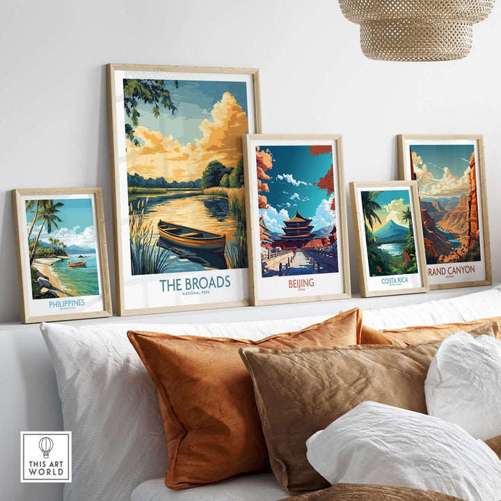 Art print collection featuring The Broads National Park among scenic landscapes, ideal for home decor and nature enthusiasts.