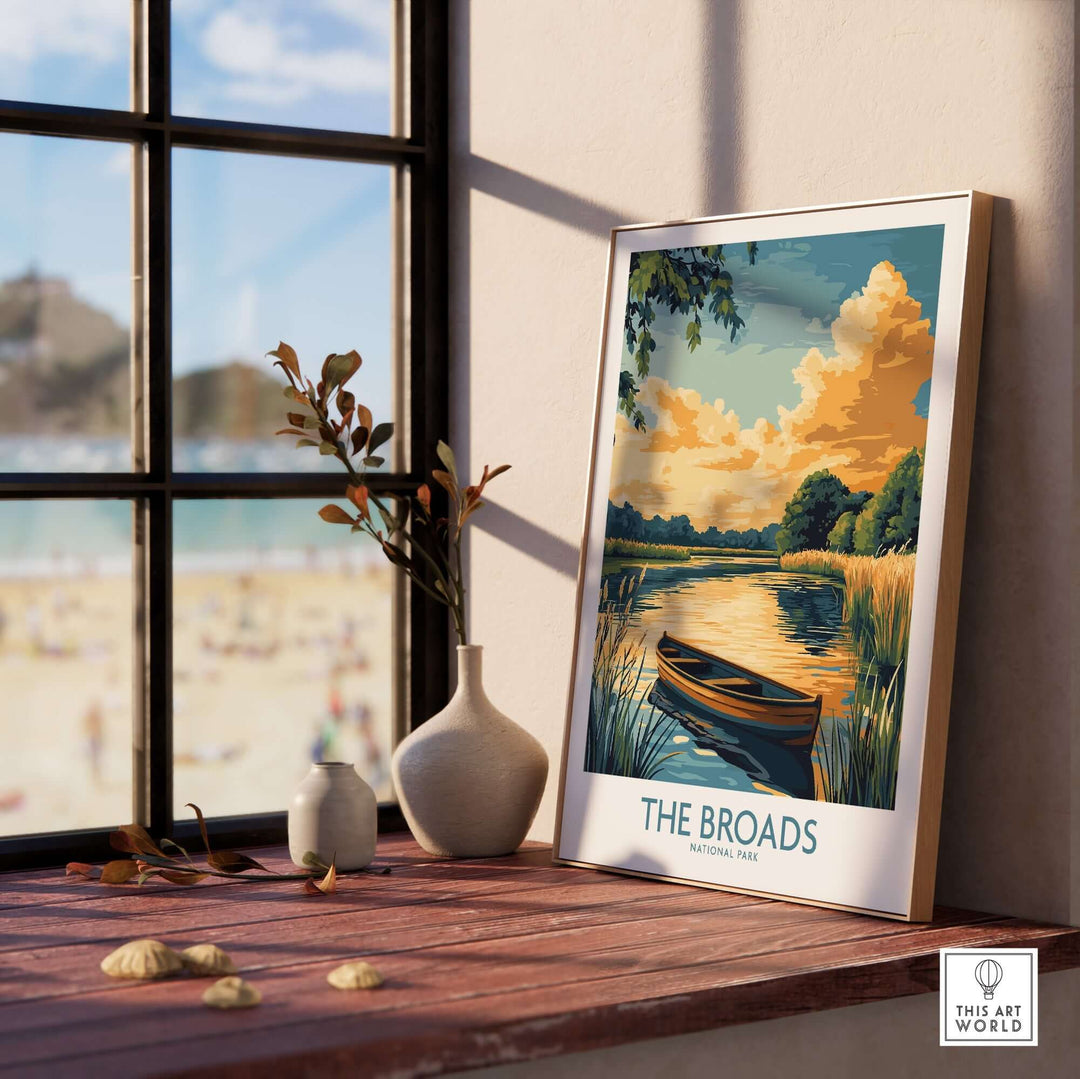 Beautiful art print of The Broads National Park displayed in a sunny room, enhancing nature-inspired decor.