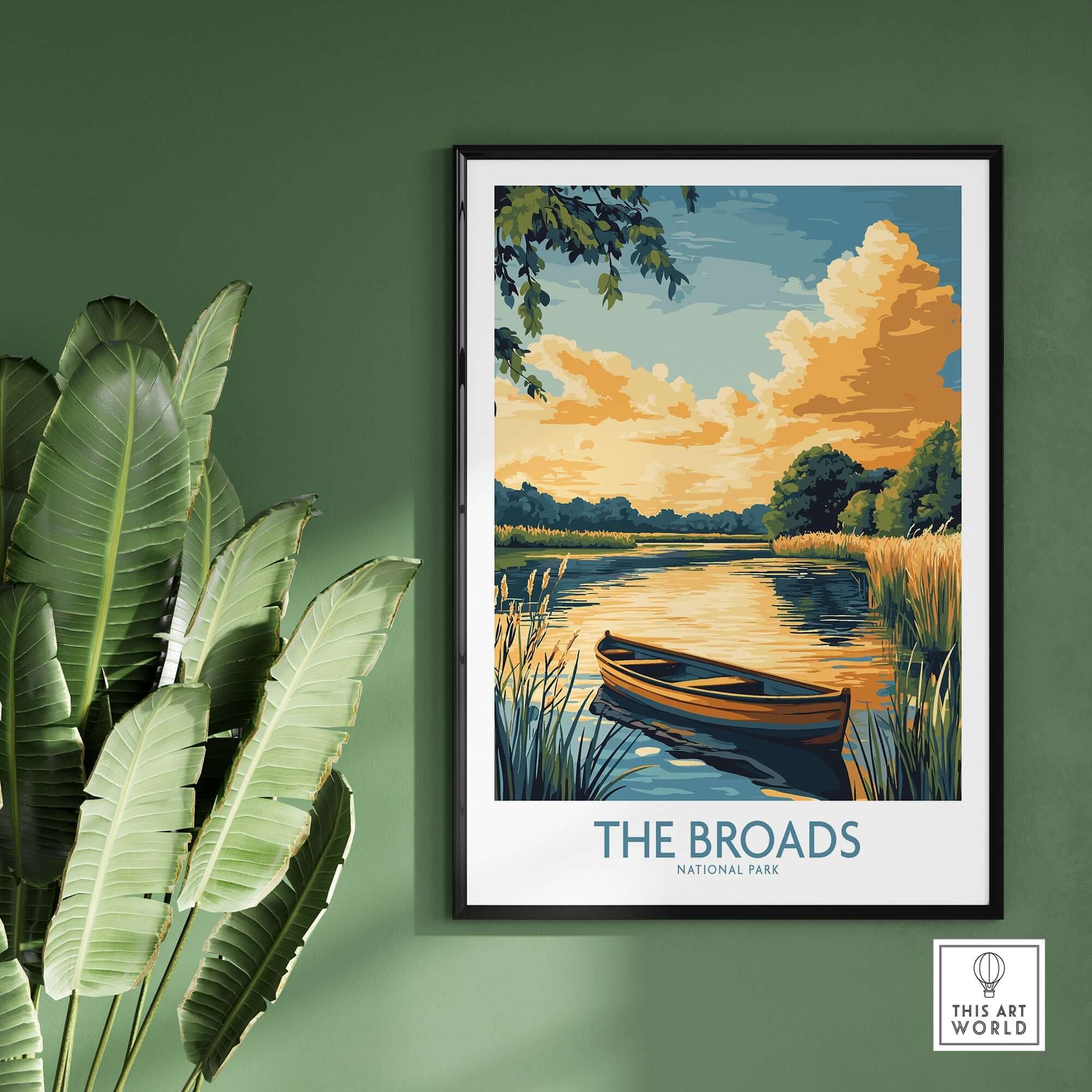 The Broads National Park Art Print featuring serene river scene with a boat and vivid sky colors.