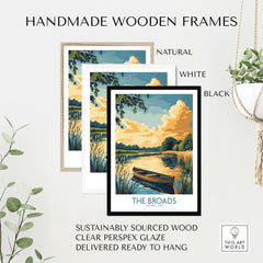 The Broads National Park Art Print displayed in handmade wooden frames, available in natural, white, and black options.