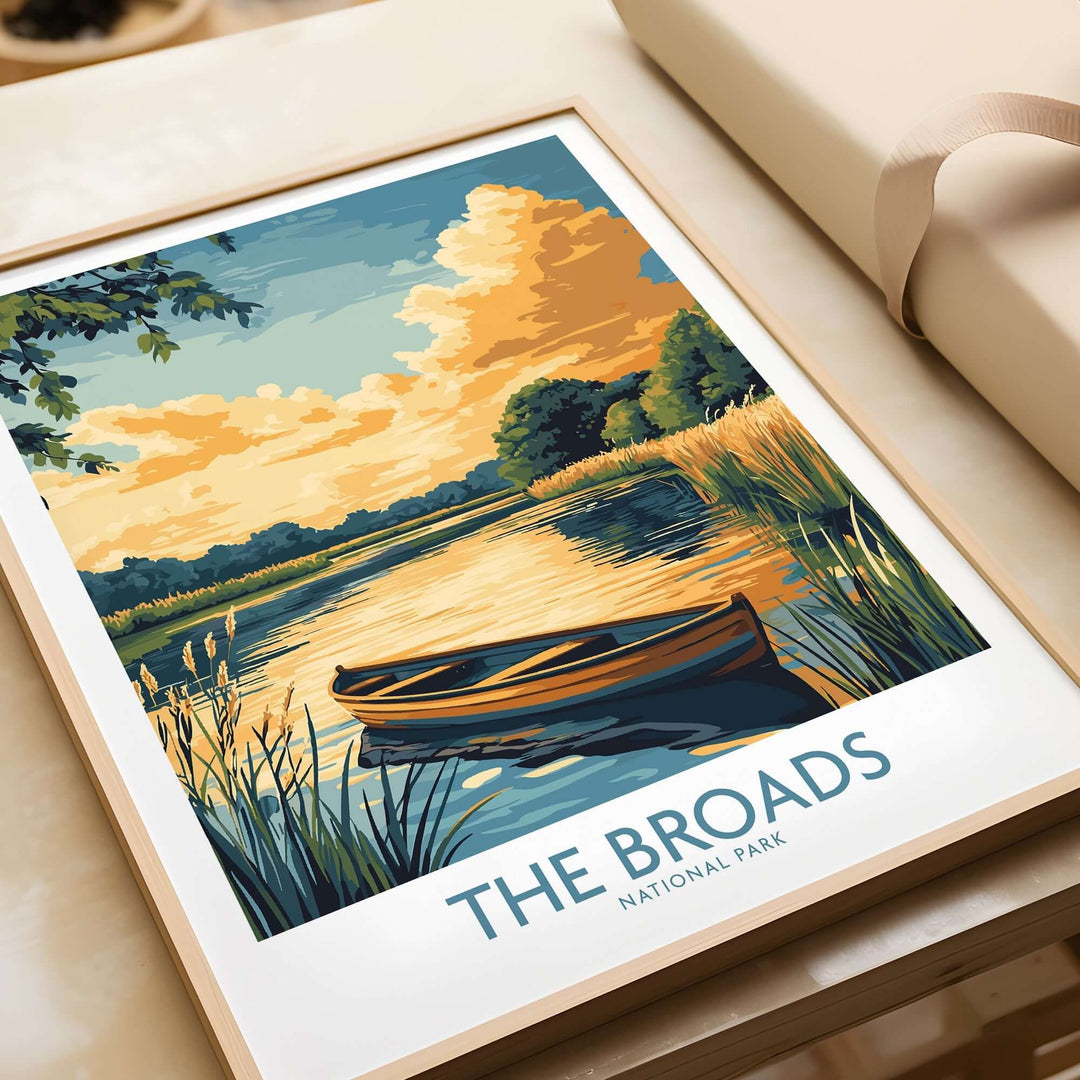 The Broads National Park art print featuring a tranquil river scene with a boat and lush landscapes.