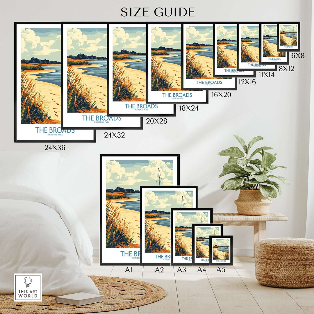 Size guide for The Broads National Park Poster showing various frame sizes and design features in a stylish setting.