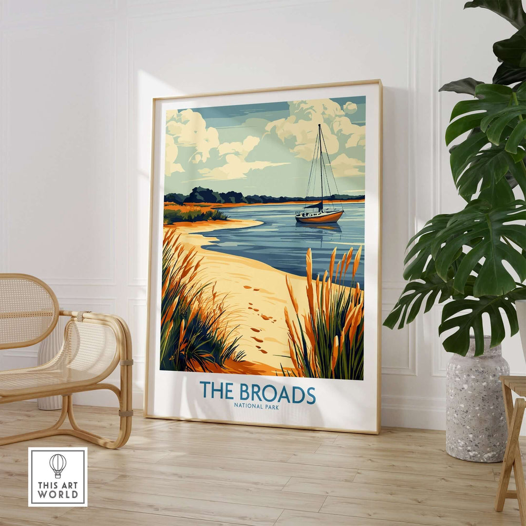 Broads National Park poster featuring a serene river scene with a boat, perfect for nature lovers' home decor.