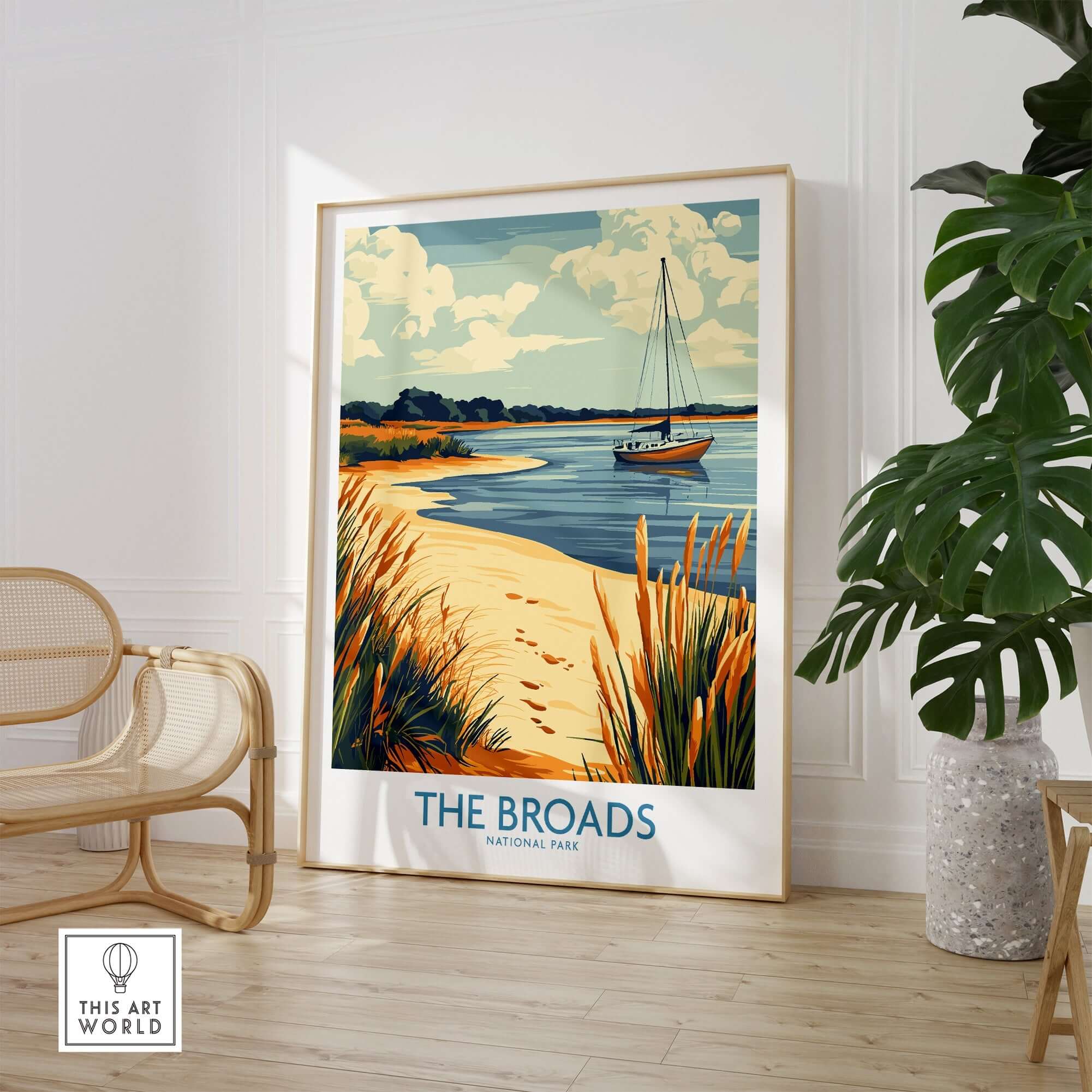 The Broads National Park Poster showcased in a stylish home setting, highlighting the park's serene beauty.