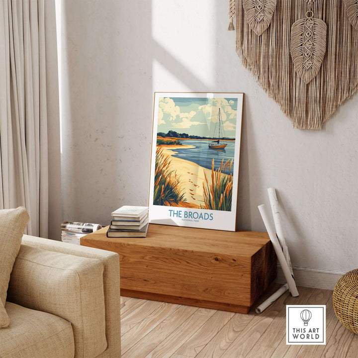 The Broads National Park Poster displayed in a cozy living room, showcasing serene water and nature scenery.