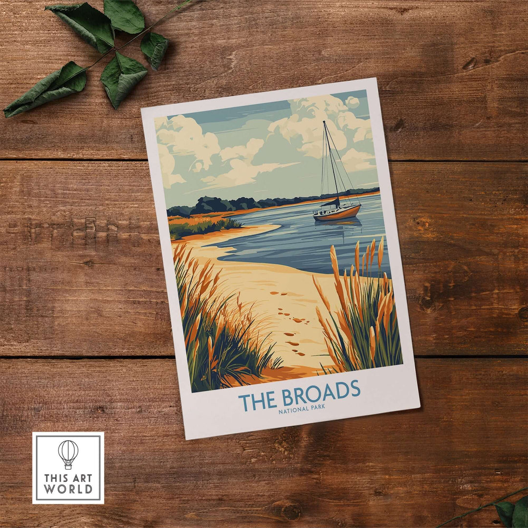 Vintage illustration of The Broads National Park with a boat on water, capturing serene nature and coastal beauty.