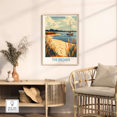 The Broads National Park Poster displayed in a stylish living room setting with natural decor.