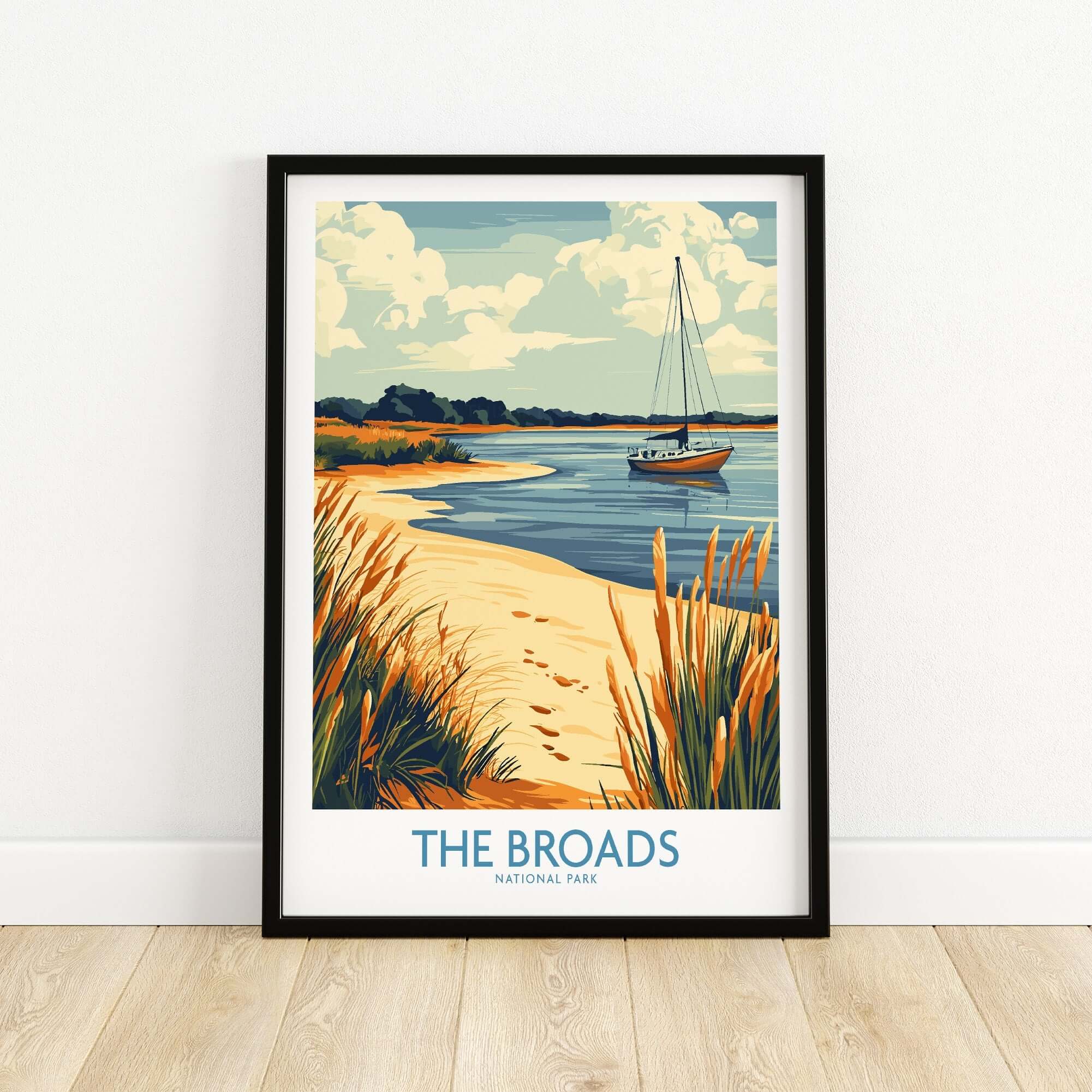 The Broads National Park Poster showcasing a serene landscape with a boat and lush flora.