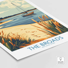The Broads National Park Poster showcasing a tranquil river scene with a sailboat and lush reeds.