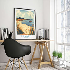 The Broads National Park Poster displayed in a stylish home office setting with a black chair and natural lighting.