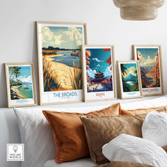 The Broads National Park Poster displayed among various travel posters in a stylish home setting.