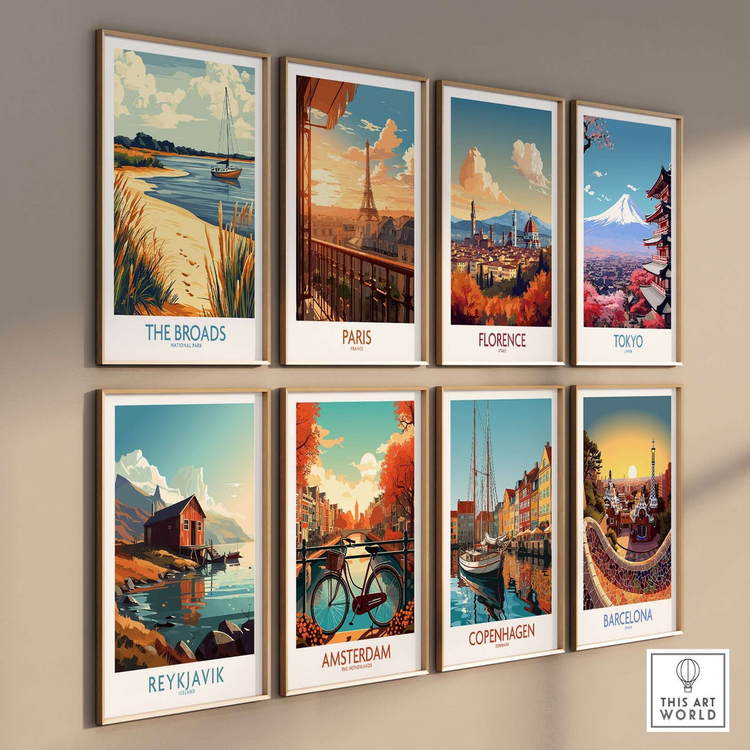 Assorted travel posters including The Broads, Paris, Florence, Tokyo, Reykjavik, Amsterdam, Copenhagen, and Barcelona.