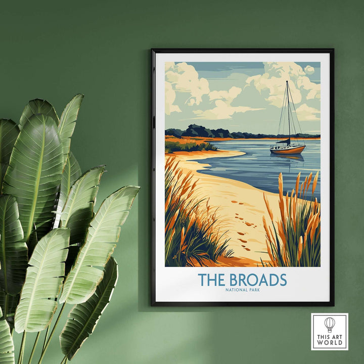 Broads National Park poster featuring a serene landscape with a boat, perfect for nature lovers and home decor.