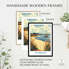 The Broads National Park Poster showcased in handmade wooden frames in natural, white, and black options.