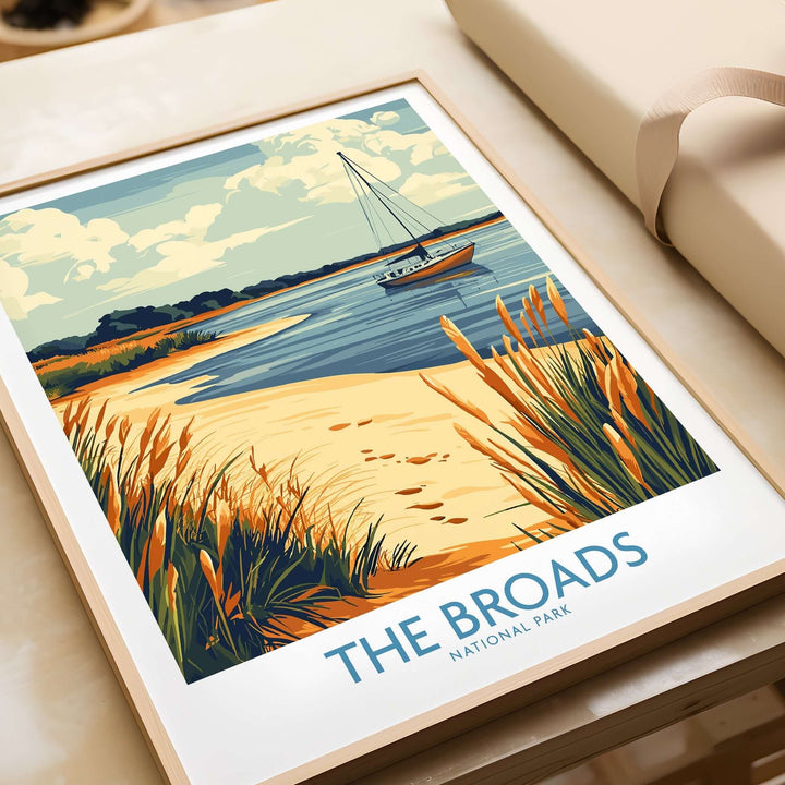 Beautiful illustration of The Broads National Park featuring a sailboat and serene landscape, perfect for nature lovers' decor.