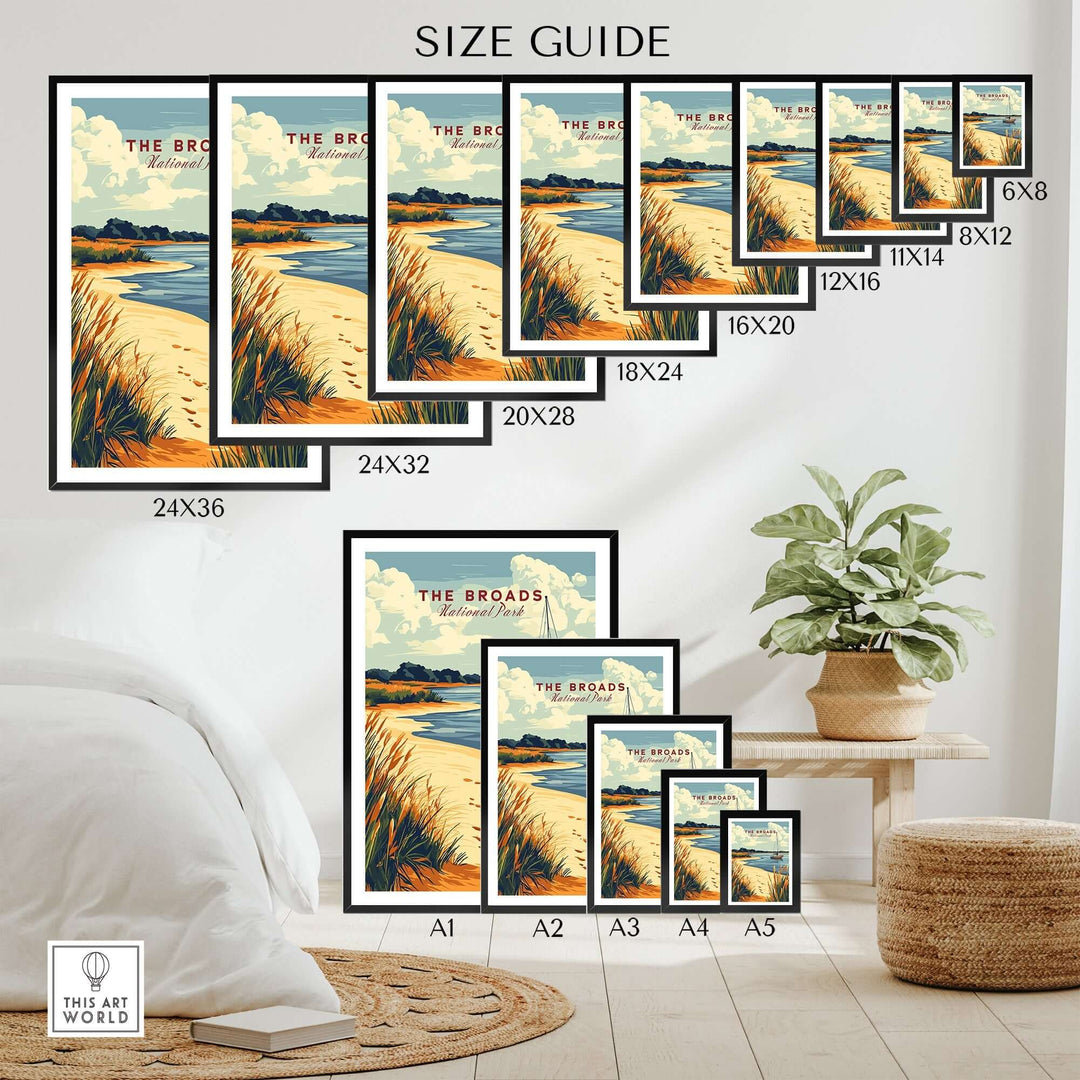 Size guide for The Broads National Park Print showcasing various frame dimensions and layout options in an artistic setting.