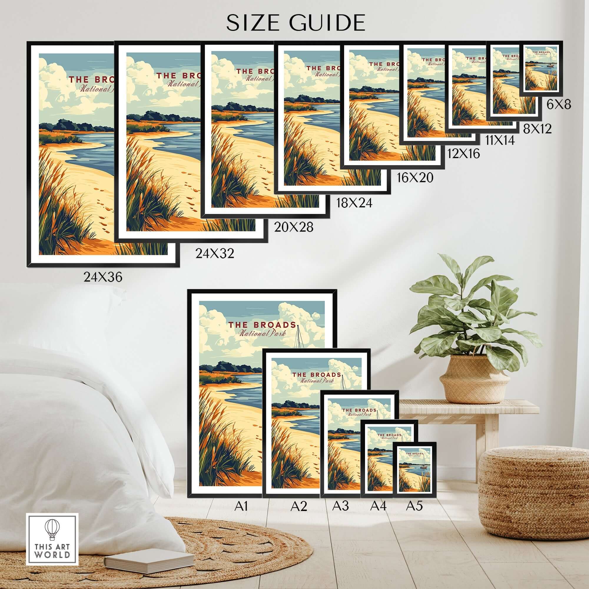 Size guide for The Broads National Park Print showcasing various frame sizes and display options.