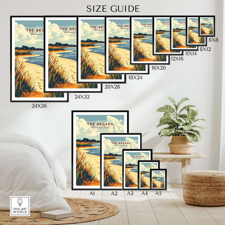 Size guide for The Broads National Park Print showcasing various frame dimensions and layout options in an artistic setting.