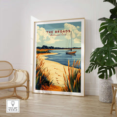The Broads National Park Print featuring a boat on a scenic river with vibrant colors and a sandy shore.