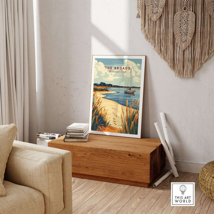 Beautiful print of The Broads National Park displayed in a stylish living room setting, showcasing vibrant colors and nature.