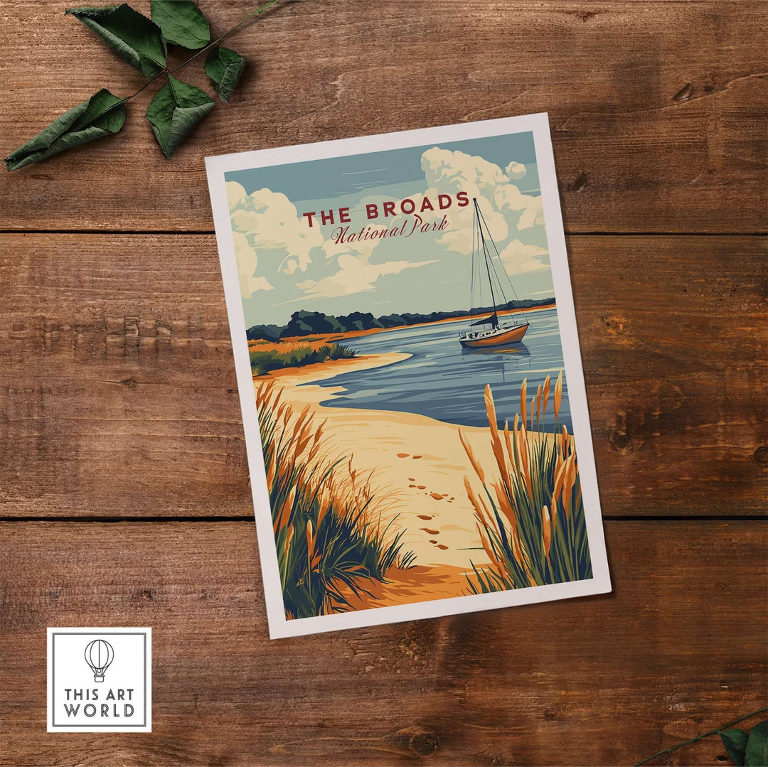 Broads National Park print showcasing a serene landscape with grass and a boat on the water, ideal for nature lovers.