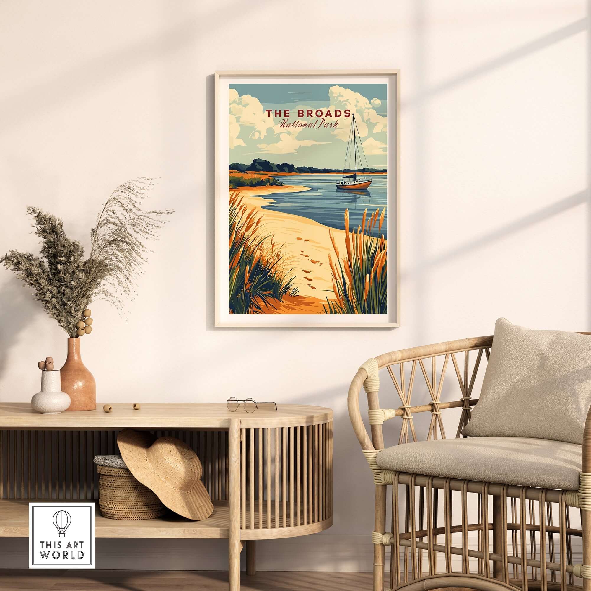 The Broads National Park Print showcasing vibrant colors and serene landscape in a stylish home setting.