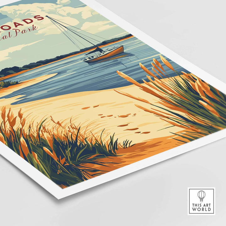 Vibrant print of The Broads National Park showcasing a serene landscape with a boat and sandy shore. Perfect for nature lovers.