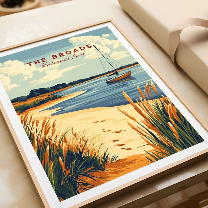 The Broads National Park print featuring vibrant colors and a serene landscape with a boat on the water. Perfect for nature lovers.