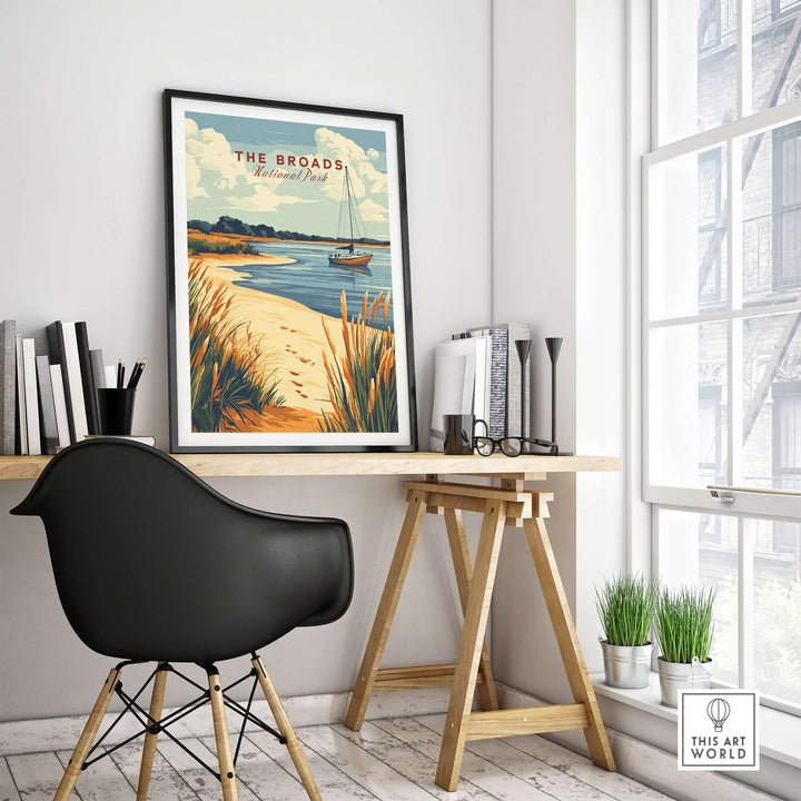 Beautiful Broads National Park print displayed in a stylish home office with modern decor and natural light.