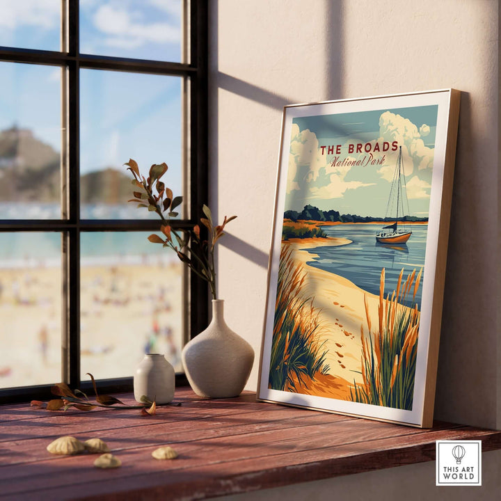 The Broads National Park print displayed indoors, showcasing vibrant colors and serene nature scene with a boat on the water.