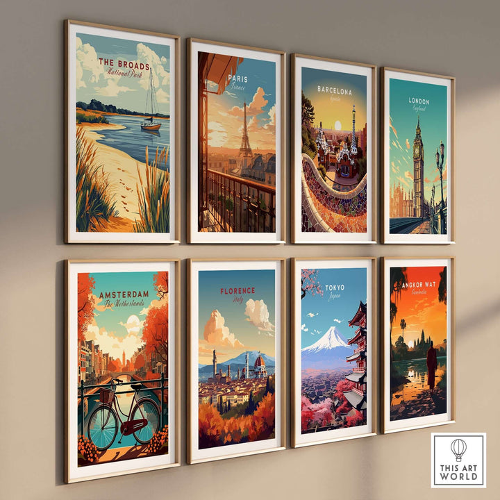 A collection of colorful travel prints featuring The Broads, Paris, Barcelona, London, Amsterdam, Florence, Tokyo, and Angkor Wat.