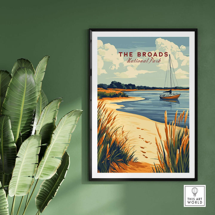 The Broads National Park print showcasing a vibrant coastal scene with a sailboat and lush greenery. Perfect for nature enthusiasts.