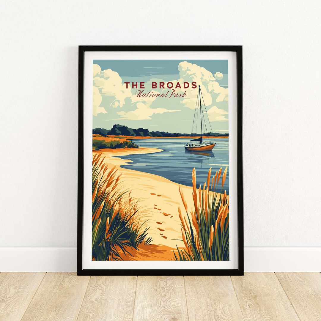 Broads National Park print showcasing a serene landscape with a boat, vibrant colors, and detailed nature elements.