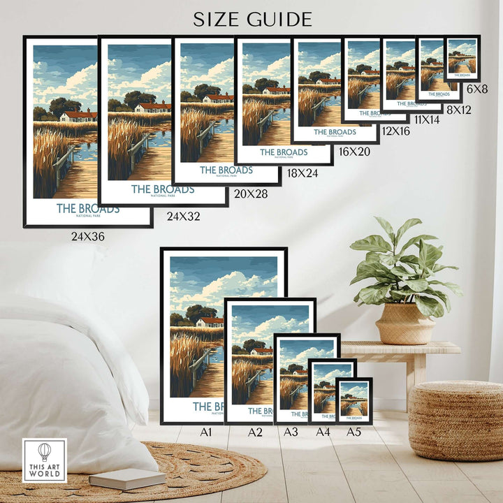 Size guide for The Broads National Park travel poster showcasing various frame sizes and placement in a stylish interior.