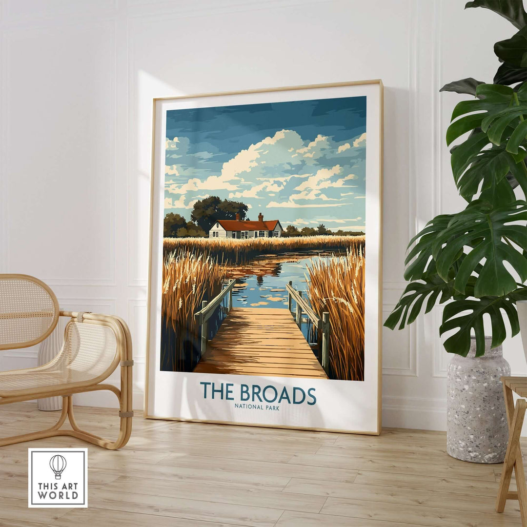 The Broads National Park travel poster featuring tranquil waterways and lush landscapes in a stylish interior setting.