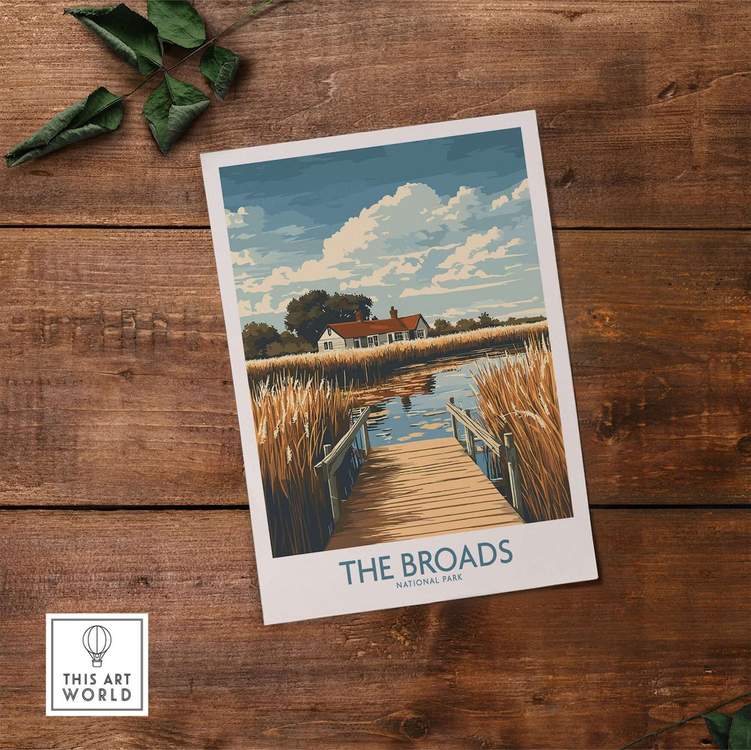 Broads National Park travel poster featuring tranquil waterways and picturesque landscapes, perfect for travel enthusiasts.