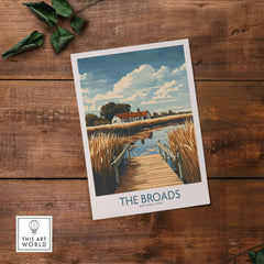The Broads National Park Travel Poster featuring serene waterways and beautiful landscapes.