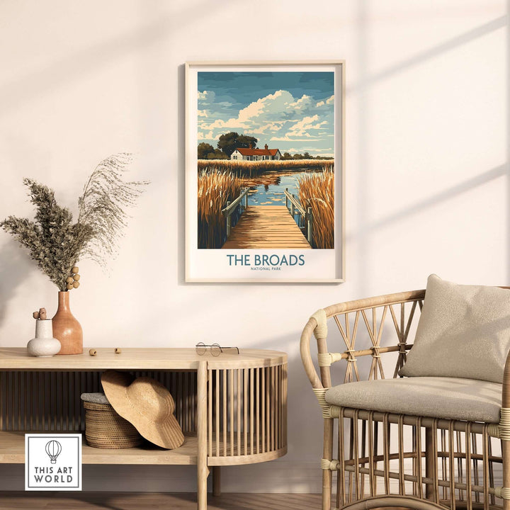 Broads National Park travel poster displaying tranquil waterways and picturesque landscapes in a stylish interior setting.