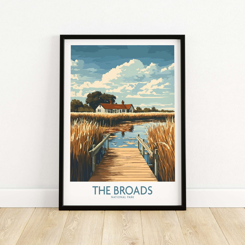 Travel poster of The Broads National Park featuring a scenic dock by tranquil waters and lush landscapes.