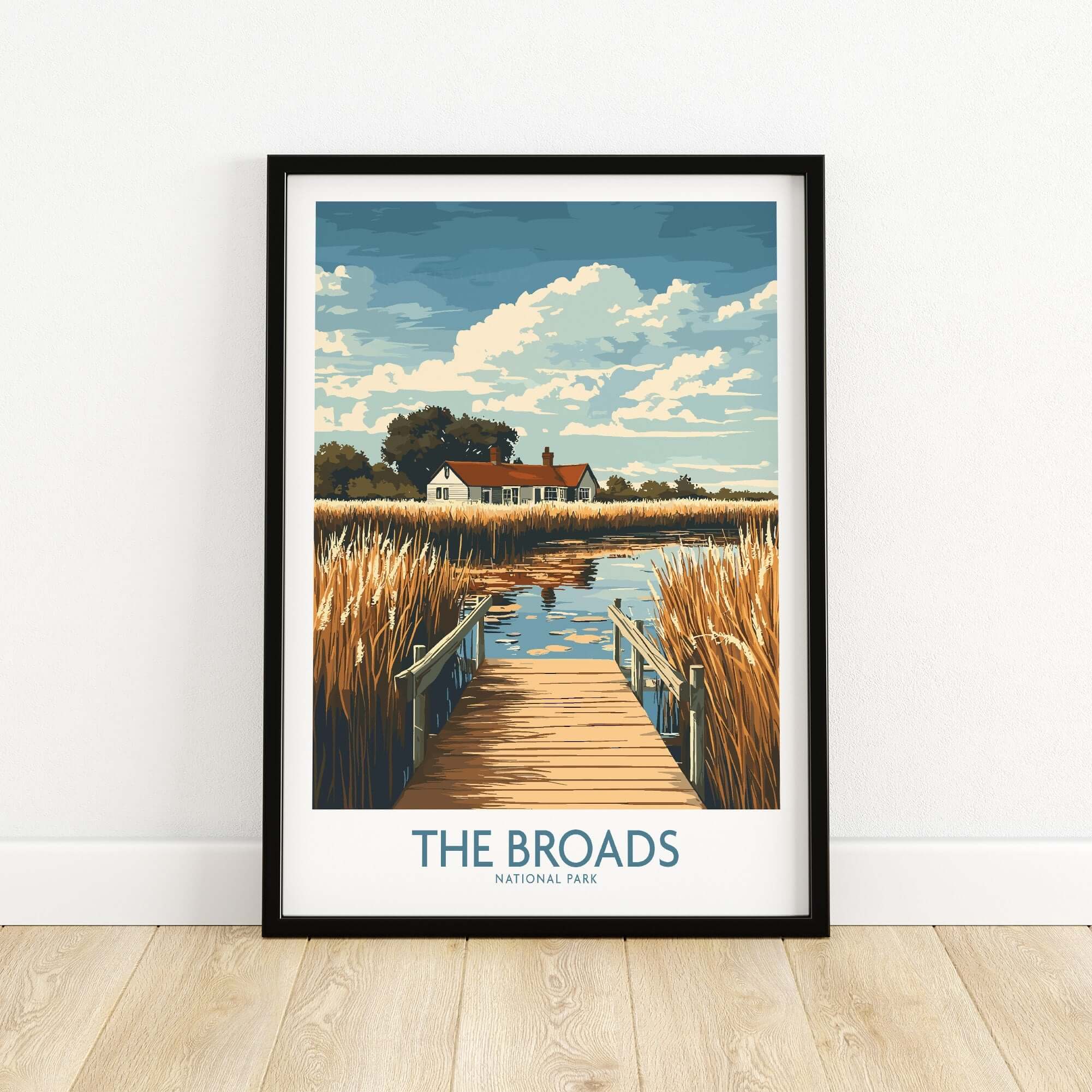 The Broads National Park Travel Poster featuring scenic waterways and landscape beauty.