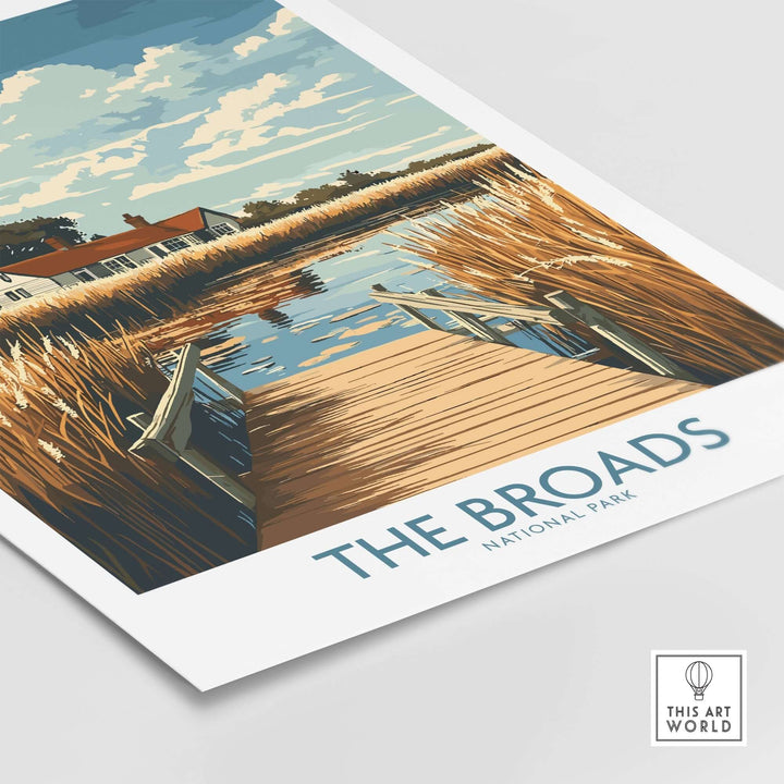 Stunning travel poster of The Broads National Park featuring tranquil waterways and lush landscapes.