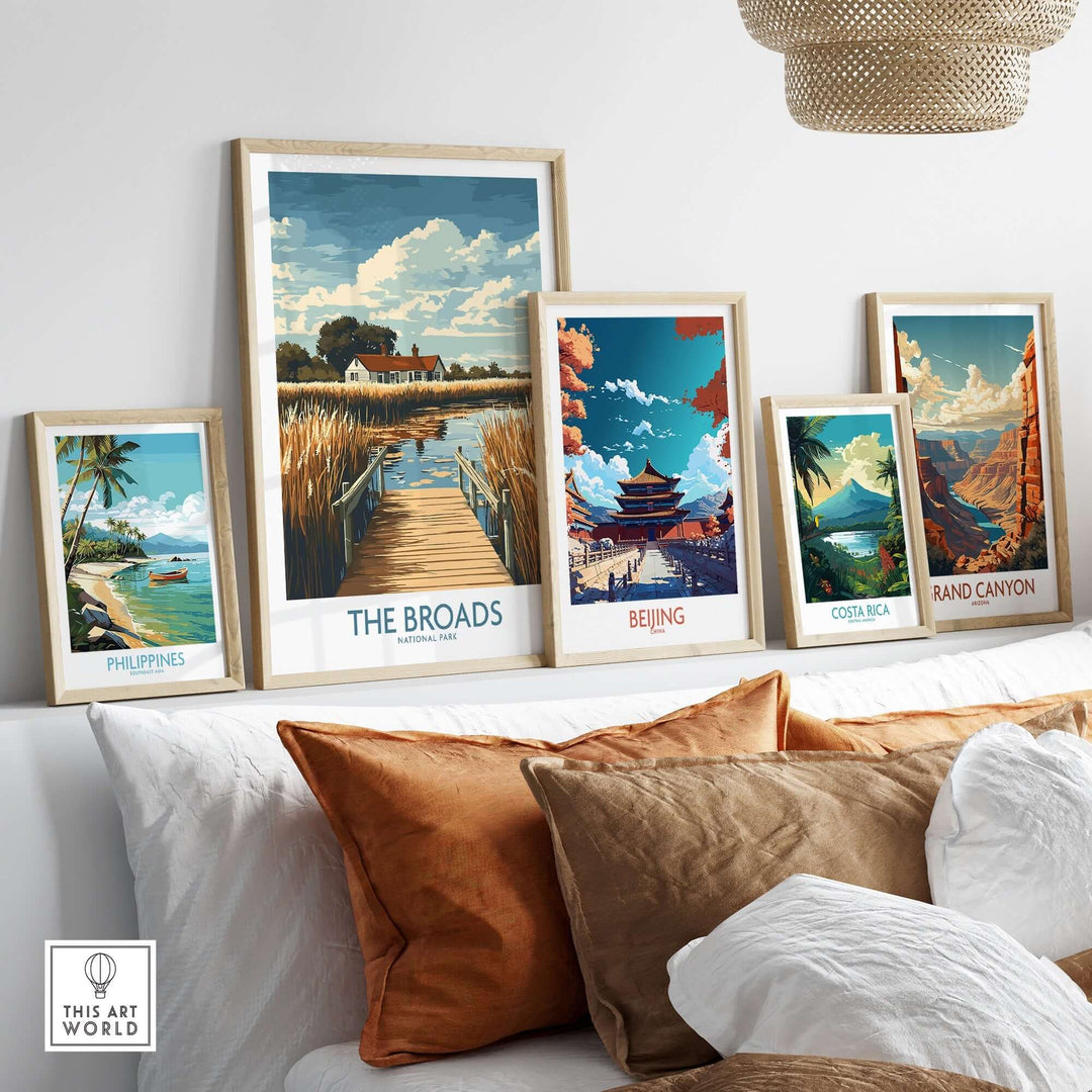 Travel posters featuring The Broads National Park among other iconic destinations, displayed in a stylish home interior.