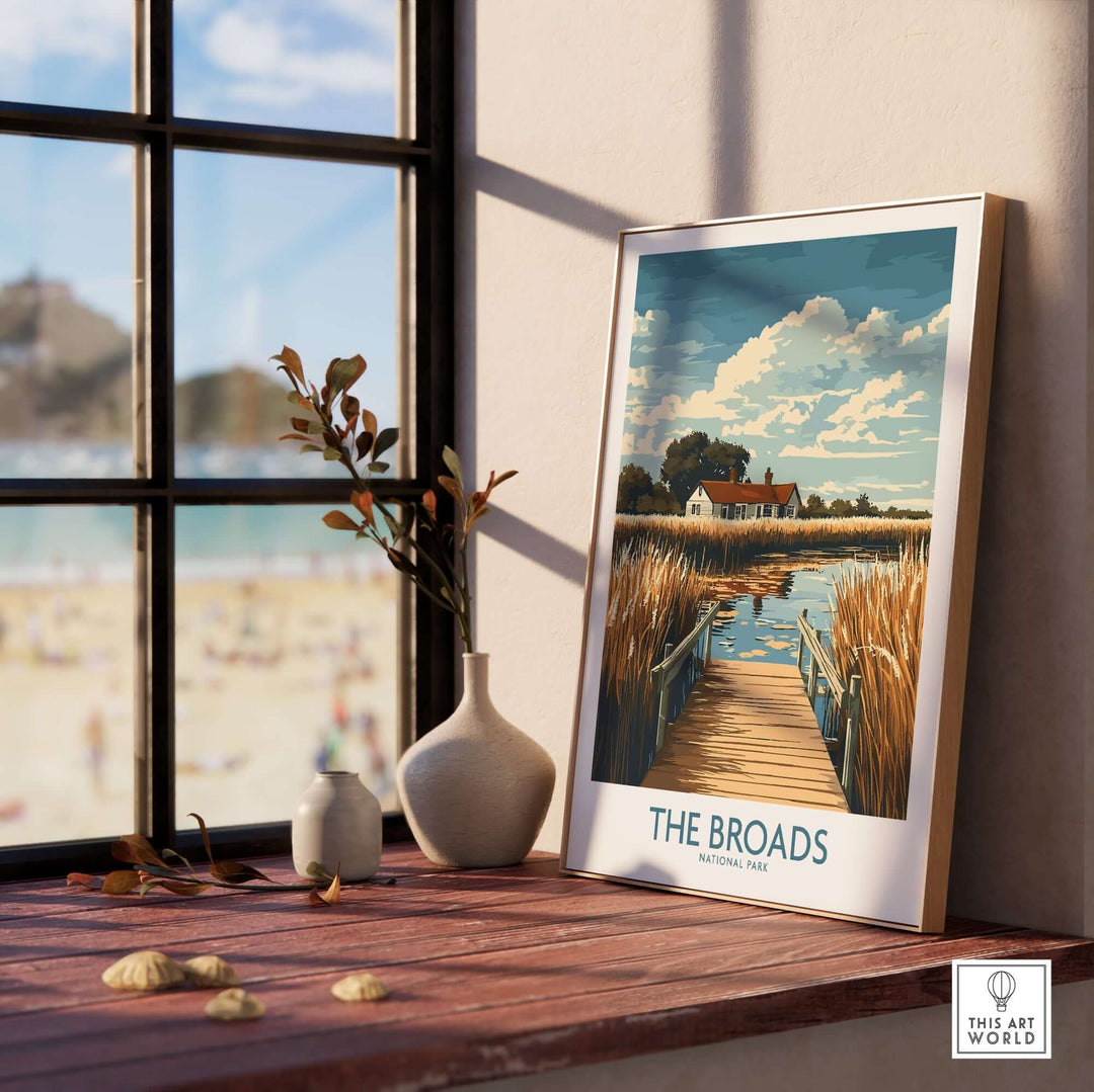 Broads National Park travel poster displayed indoors, showcasing tranquil waters and scenic landscapes.