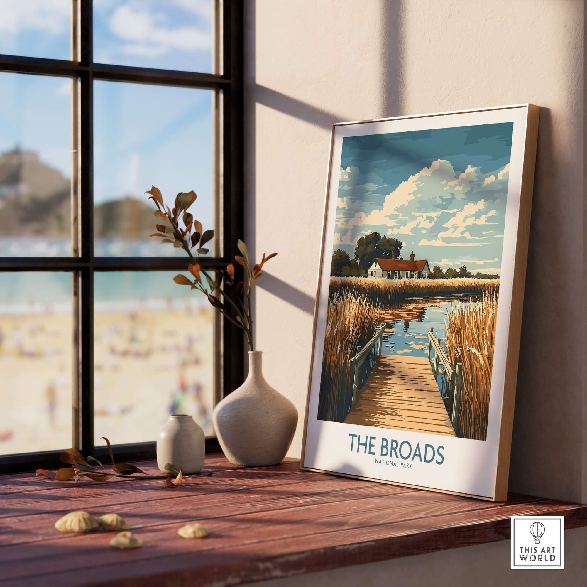 The Broads National Park Travel Poster showcasing serene landscapes and tranquil waterways.