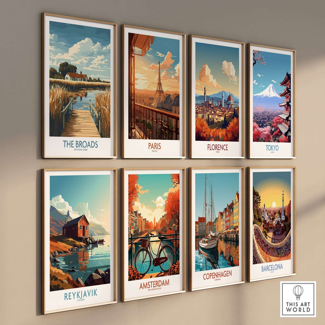 Colorful travel posters featuring The Broads, Paris, Florence, Tokyo, Reykjavik, Amsterdam, Copenhagen, and Barcelona.