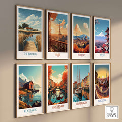 The Broads National Park Travel Poster showcasing various travel destinations on a stylish wall display.