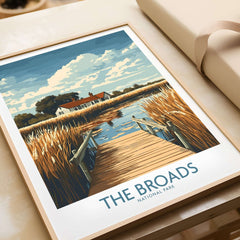 The Broads National Park Travel Poster featuring a serene waterway and picturesque landscapes in a colorful design.