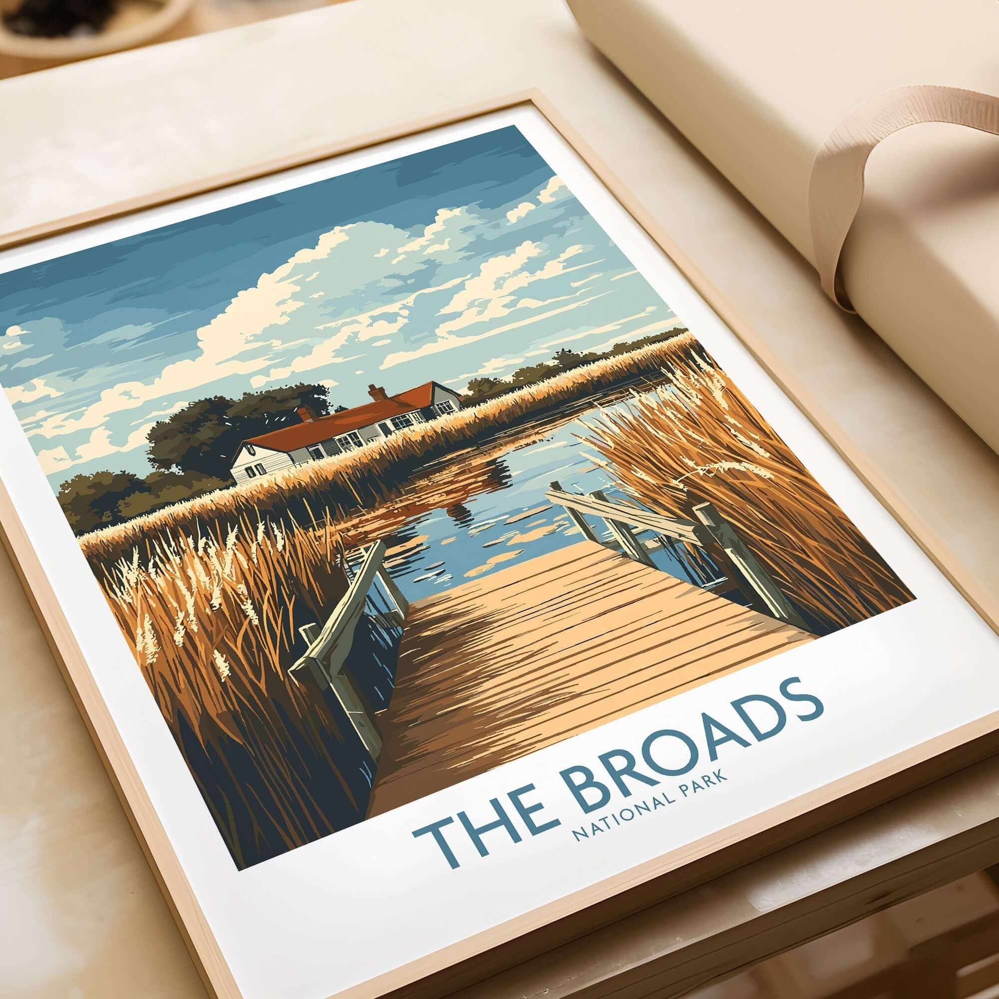 The Broads National Park Travel Poster featuring a serene waterway and picturesque landscapes in a colorful design.